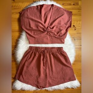 Shein Two Piece Crop Top and Shorts Set Coral Orange Size Large 8-10